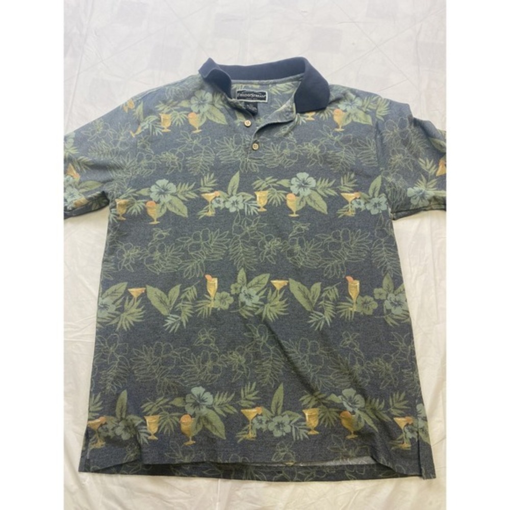 Vintage Field & Stream Black polo Shirt Size Large Short Sleeve‎ Floral